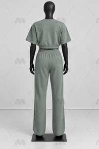 Conjunto de 2 Piezas para Mujer, Color Verde Claro Sólido, Top Corto de Punto de Manga Corta, Pantalones Anchos de Cintura Alta, Cintura Elástica Informal, Invierno - Product Image 6
