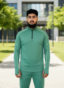 Haut de sport pour homme vert marine à demi-zip et manches longues avec surpiqûres contrastées, séchage rapide, performance optimale, coupe classique, toutes saisons - Product Image 5