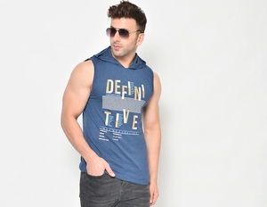 Men's Sleeveless Hooded Tank Top Blue Printed Letter Design Casual Wear Breathable Cotton Knitted O-Neck Front <b>Logo</b> - Product Image 1