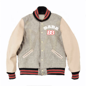 Veste universitaire pour homme Baba, gris, mélange polyester/coton, manches beiges, broderie BB sur le devant, col montant, style preppy, imperméable - Product Image 1