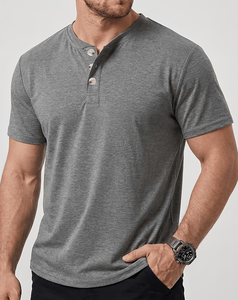 Men's Short Sleeve V-Neck Button-Up <b>T</b>-Shirt Solid Color Jersey Knitted Cotton Blend Casual Regular Fit Breathable 180g <b>Back</b> Logo - Product Image 1