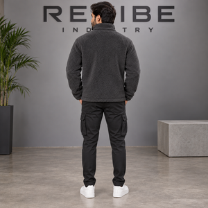 Custom <b>Mens</b> Charcoal <b>Sherpa</b> <b>Fleece</b> Jacket Stand Collar Eco-Friendly Breathable 100% Cotton Warm Winter Outerwear Casual Urban - Product Image 2