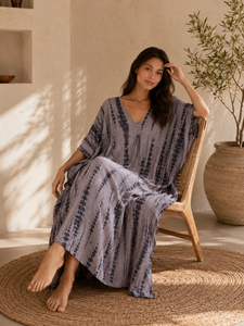 Boho Tie Dye 100% Cotton Eco-Friendly <b>Kaftan</b> Dress V-Neck Modern Maxi Kimono Robe Natural Waist <b>Summer</b> Beachwear Women Resort - Product Image 6