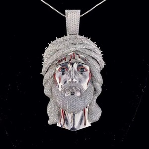 Pendentif Visage de Christ en Argent 925 Moissanite Sertie de Pierres, Breloque Thème Religieux, Pendentif Hip Hop, Pendentif Foi Chrétienne - Product Image 2