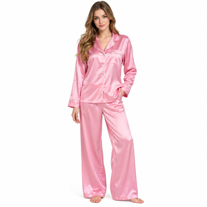 Wholesale Satin Pajama Suit Women's Silky Loungewear Two-Piece Set Button Down Night Shirt Wide Leg <b>Silk</b> <b>Trouser</b> Set Women's - Product Image 2