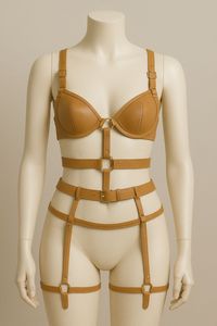 Conjunto de sujetador con aros de piel sintética negra para mujer y braguita de cintura alta con tirantes ajustables, lencería push-up de copa completa, dos piezas - Product Image 3