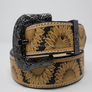 Ceinture en cuir véritable unisexe rétro marron avec motifs floraux occidentaux sculptés et embossés, fabrication artisanale, tailles personnalisées disponibles - Product Image 2