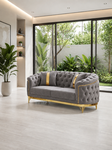 Luxury 321 Grey Chesterfield <b>Sofa</b> Set with Tufted Design and <b>Gold</b> Trim for Living Room Villa Hall Office Contamporary Design - Product Image 3