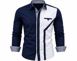 Camisa de Vestir para Hombre en Color Beige y Azul Marino con Bloques de Color, Manga Larga, Cuello Clásico, Estilo Casual Elegante, Tela Popelina, para Primavera - Product Image 5