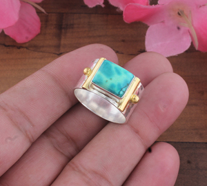 Anillo de Boda Unisex Clásico de Plata de Ley 925 con Turquesa Gema en Engaste de Bisel, Corte Cuadrado, Chapado en Oro de Dos Tonos, Venta al por Mayor - Product Image 1