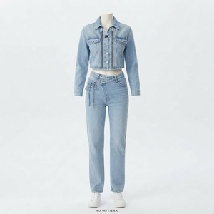 Women Light Blue Denim Jacket And Jeans Set Cropped Zip Jacket High Waist Straight Leg Two Piece <b>Streetwear</b> Outfit - Product Image 3