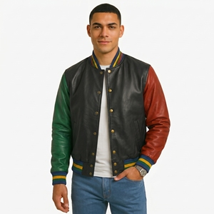 Veste universitaire en cuir véritable pour homme, style décontracté automne, col rabattu, color-block - Product Image 1
