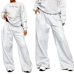 ASH <b>GREY</b> WIDE LEG <b>WOMEN'S</b> SWEATSHIRTS SET CUSTOM LOGO 100% COTTON <b>FLEECE</b> JOGGERS ROUND NECK OVERSIZE SWEATSHIRT TRACKSUITS - Product Image 1