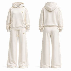 Luxury <b>Womens</b> <b>Cream</b> Pearl Embellished Hoodie Jogger Tracksuit Premium <b>Fleece</b> OEM ODM Custom Streetwear Apparel Set - Product Image 2