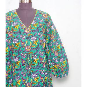 เดรสลำลองทรงตรงไซส์พลัสสำหรับผู้หญิง ลายพิมพ์บล็อกด้วยมือ แขนพอง คอวี เอวธรรมชาติ ความยาวระดับข้อเท้า - Product Image 3