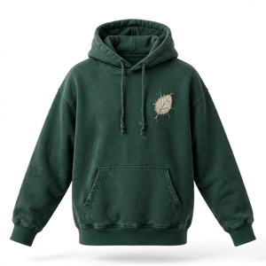Men's Dark Green Hooded Sweatshirt Regular Fit 100% Cotton Fleece Solid Quick Dry Applique <b>Leaf</b> Design Casual Autumn Wear Pocket - Product Image 1
