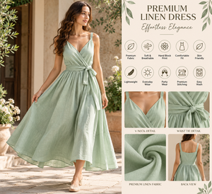 Elegante Vestido Maxi Casual de Lino Sólido sin Mangas con Cuello en V y Cintura Anudada, Fluido, para Vacaciones de Verano, Resort, Playa, Proveedor Mayorista - Product Image 5