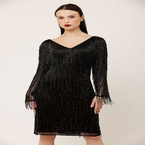 Women Black Fringe Mini Dress V Neck Long Sleeve Party Wear | Club Dress Luxury Evening Outfit | India 2026 Export Quality Elite - Product Image 3