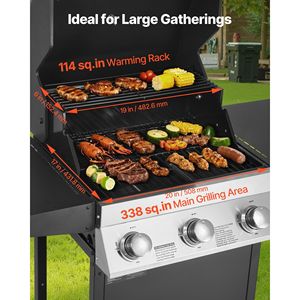 Griglia a Gas propano 3 fuochi 338 mq In spaziosa zona grigliate In acciaio al carbonio griglie smaltate 36 000 BTU pieghevoli per barbecue laterali - Product Image 2