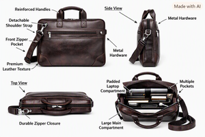 WRIZA Sac messager en cuir véritable, grande capacité, fermeture à glissière, sac d'affaires durable pour hommes, toutes saisons, bandoulière réglable - Product Image 4