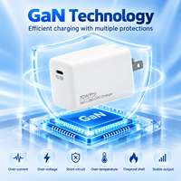 Chargeur mural compact pliable 70W GaN USB-C PD à charge rapide pour ordinateur portable, tablette et téléphone