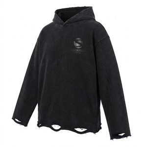 Sudaderas con Capucha Oversize de Algodón Desgastado con Logo Personalizado, Parche Bordado, Dobladillo sin Rematar y Lavado Ácido para Hombre - Product Image 2