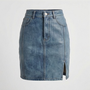 Jupe crayon en jean taille haute pour femme, mini, couleur unie, style décontracté avec poches, tissu délavé, à porter toute l'année - Product Image 1