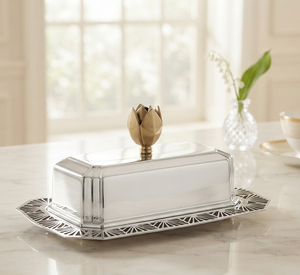 Superior Quality Butter <b>Dish</b> Rectangular <b>Glass</b> Butter <b>Dish</b> <b>With</b> <b>Lid</b> Silver Metal Base Tulip Knob Glam Design - Product Image 1