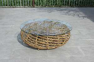 Round Rattan Coffee Table with Glass Top Outdoor Furniture Tropical Design <b>Waterproof</b> UV-Resistant PE Rattan - Product Image 3
