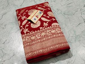 Sari de Chiffon Munga Banarasi Khaddi Puro Tejido a Mano, con Tejido Semi-Zari, para Fiestas Tradicionales, Protección Solar - Product Image 5