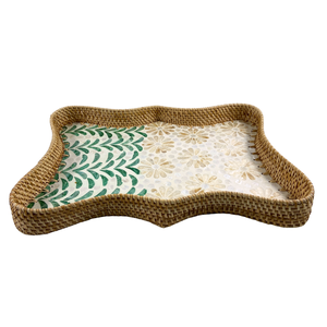 Plateau en rotin ondulé fait à la main, élégant, vintage, rustique, de haute qualité, avec incrustation florale en capiz, plateau de service décoratif en MDF, motif géométrique - Product Image 4