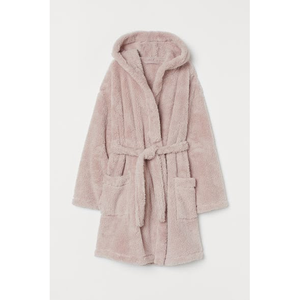 Peignoir en polaire gris, couleur unie, manches longues avec ceinture, pour usage domestique - Product Image 2