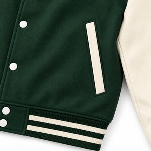 Chaqueta Varsity para Hombre, Verde con Mangas Blancas, Cuello Alto, Cierre de Botones, Abrigo Casual de Invierno, Servicio OEM - Product Image 4