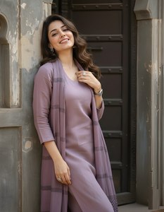 Conjunto de Kurta y Pantalón Recto de Algodón Rosa con Dupatta con Estampado Digital, Cuello Redondo, Largo hasta la Pantorrilla, Traje Étnico para Mujer, Tallas M, L, XL, XXL - Product Image 6