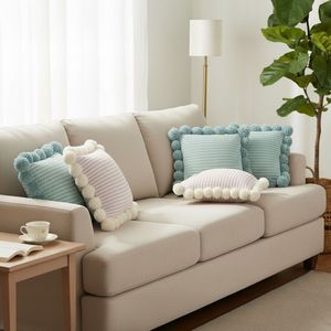 Ensemble de 5 housses de coussin côtelées bleu clair SOGA, taie d'oreiller en tissu gaufré crème avec pompons pour la décoration de la maison - Product Image 2