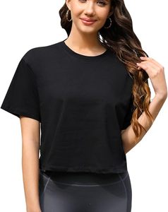 T-shirt court de sport pour femme 100 % coton, épaules tombantes, manches mi-longues, coupe oversize, pour yoga et course à pied - Product Image 1