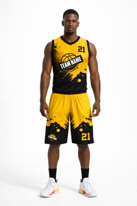 Ensemble d'uniformes de basketball personnalisés par sublimation, maillot jaune et noir, short, nom de l'équipe 21, polyester respirant, adulte unisexe - Product Image 3