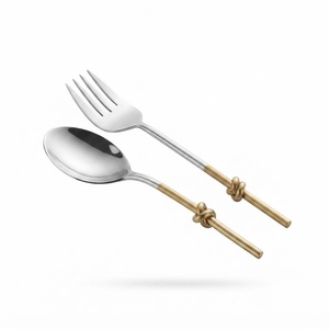 Luxury Silver Stainless Steel Double Knot Handle Salad <b>Server</b> Set Serving Fork and Spoon Kit for Hotel <b>Buffets</b> Wedding On Sale - Product Image 6