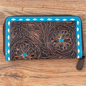 Vente chaude Western usiné à la main en cuir de vachette fermeture éclair portefeuille en cuir véritable femmes porte-carte portefeuille Turquoise Cowgirl pochette - Product Image 5