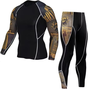 Conjunto de compresión negro para hombre, manga larga, cuello redondo, secado rápido, estampado con patrón animal, camiseta de manga larga y pantalones para todas las estaciones - Product Image 3
