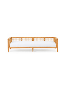 Canapé-lit rectangulaire en bois avec coussin en tissu blanc, design convertible pour salon, 2 places, sans dossier, sans accoudoirs - Product Image 1