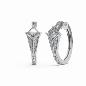 Pendientes de Diamantes Brillantes en Corte Redondo y Princesa, Pendientes de Diamantes en Oro Blanco de 18K para Exportación al por Mayor - Product Image 1