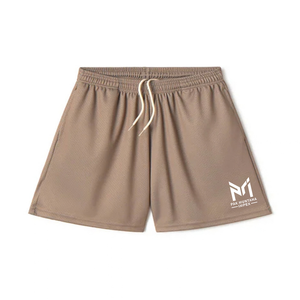 Shorts en polyester marron pour homme Pak Muntaha Impex, taille mi-haute, cordon de serrage, respirant, séchage rapide, décontracté, sport, logo imprimé sur le devant - Product Image 1