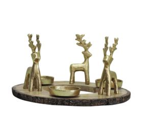 Elegant Gold Reindeer <b>Wreath</b> Handmade Candle Holder Natural Wood Bark <b>Base</b> Aluminium Christmas Table Centerpiece Holiday Decor - Product Image 1