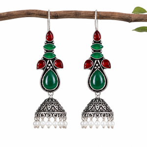 Oxidized <b>Silver</b> Multi Color Gemstone Indian <b>Dangle</b> Jhumka <b>Earrings</b> for Women Bulk Supplier - Product Image 1