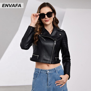Chaqueta de Motocicleta Corta de Cuero PU para Mujer, Personalizada, Otoñal, Ecológica, Impermeable, Resistente al Viento, Negra, con Logotipo Personalizado - Product Image 5