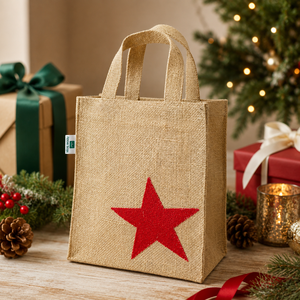 Sac cadeau en jute personnalisé pour Noël, imprimé étoiles dorées en lurex, réutilisable, 21x25.5x10.5cm, vente en gros, fabricant OEM, marque privée, B2B - Product Image 6
