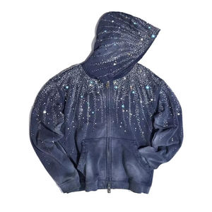 Mens Washed Rhinestone <b>Zip</b> <b>Up</b> Hoodie Vintage Blue Full <b>Zip</b> Hooded Sweatshirt Sparkly Streetwear Oversized Casual <b>Jacket</b> - Product Image 1