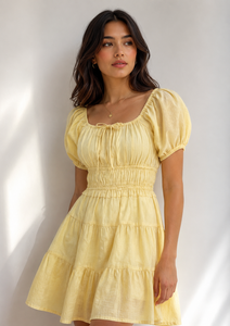 Bulk Women Summer Sundress-100% Cotton Handmade Elegant Puff Sleeve Square Neck <b>Ruffled</b> Tiered Mini <b>Dress</b> for Trendy Casual - Product Image 5