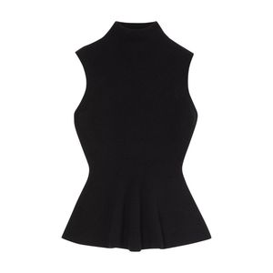 Top sin mangas negro azabache de punto con dobladillo peplum, cuello alto, ajuste ceñido, acanalado, corto por delante, con logo, moda femenina - Product Image 3